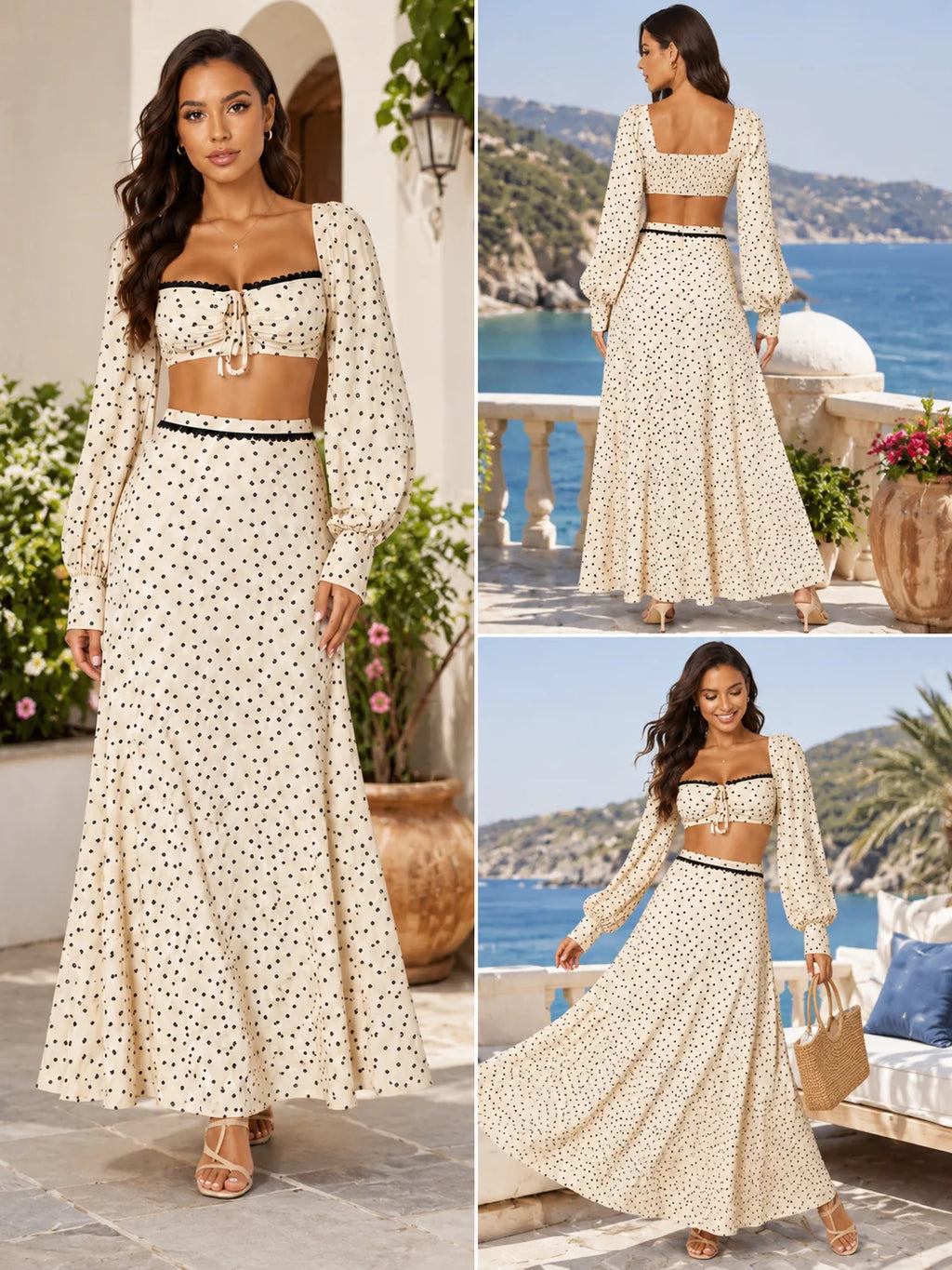 Women 2 Piece Boho Matching Sets, Integrated Puff Long Sleeve Cutout Back Tie‑Front Crop Top & High Waist Flowy Polka Dot Maxi Skirt, Summer Beach Vacation Co‑Ord Outfits