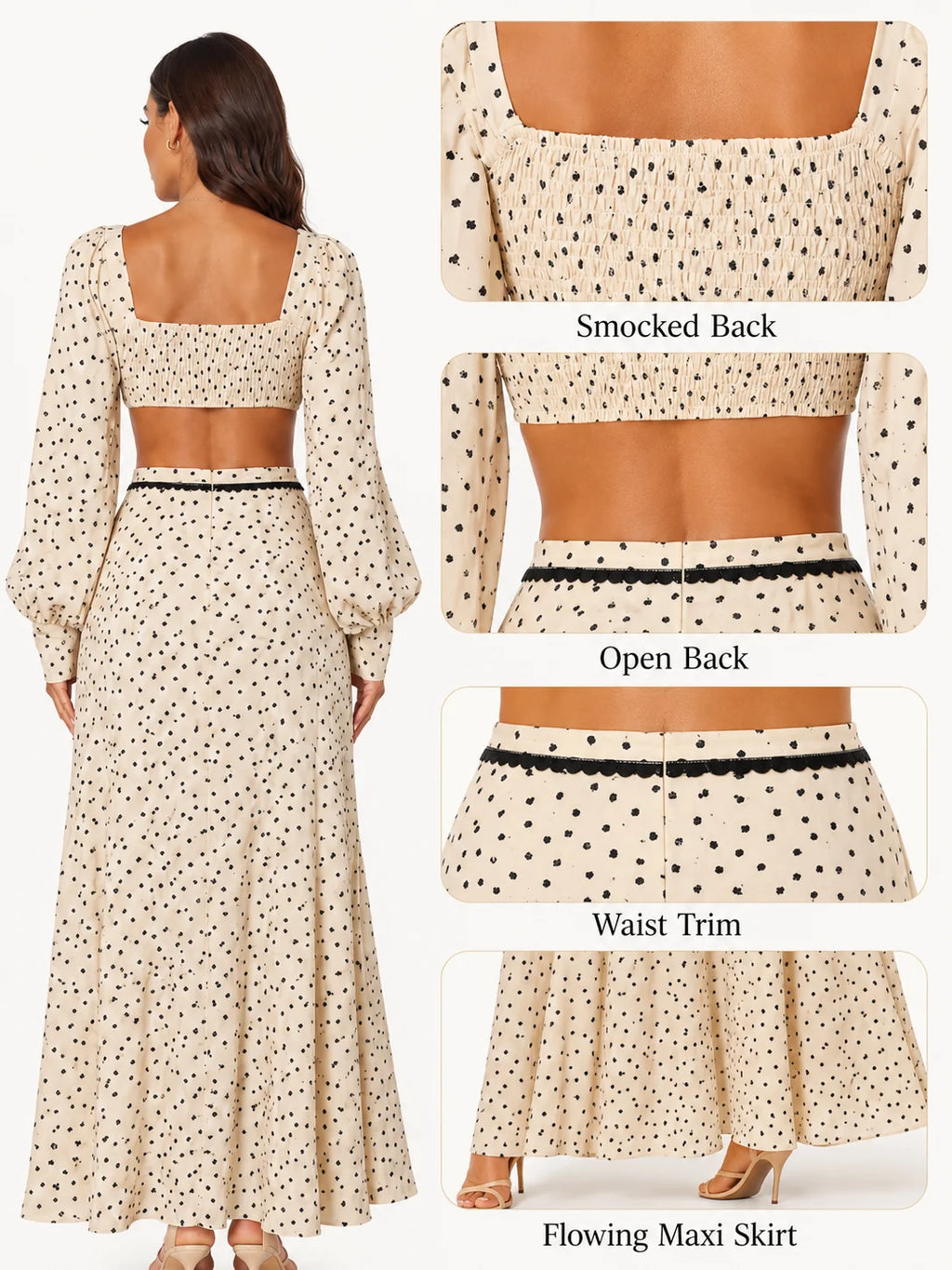 Women 2 Piece Boho Matching Sets, Integrated Puff Long Sleeve Cutout Back Tie‑Front Crop Top & High Waist Flowy Polka Dot Maxi Skirt, Summer Beach Vacation Co‑Ord Outfits