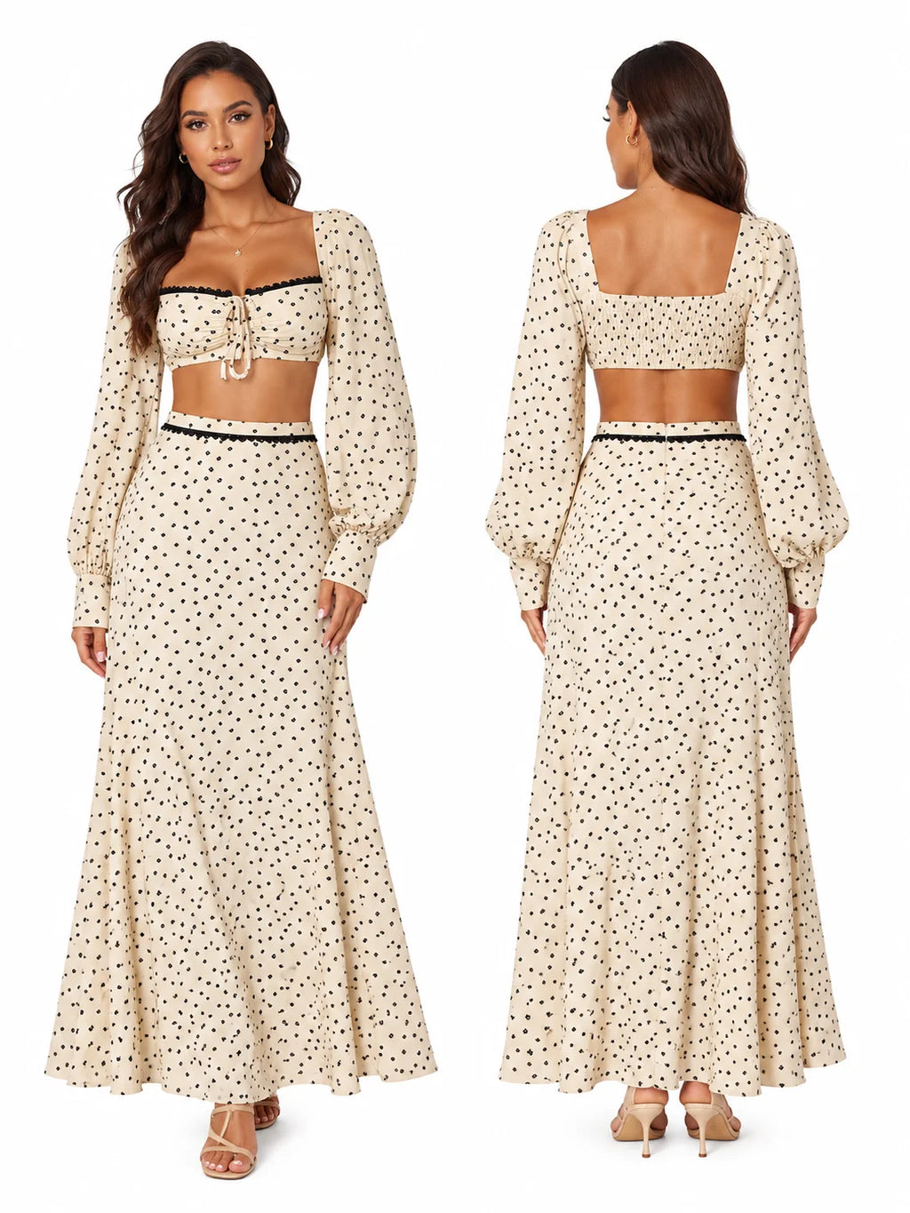 Women 2 Piece Boho Matching Sets, Integrated Puff Long Sleeve Cutout Back Tie‑Front Crop Top & High Waist Flowy Polka Dot Maxi Skirt, Summer Beach Vacation Co‑Ord Outfits