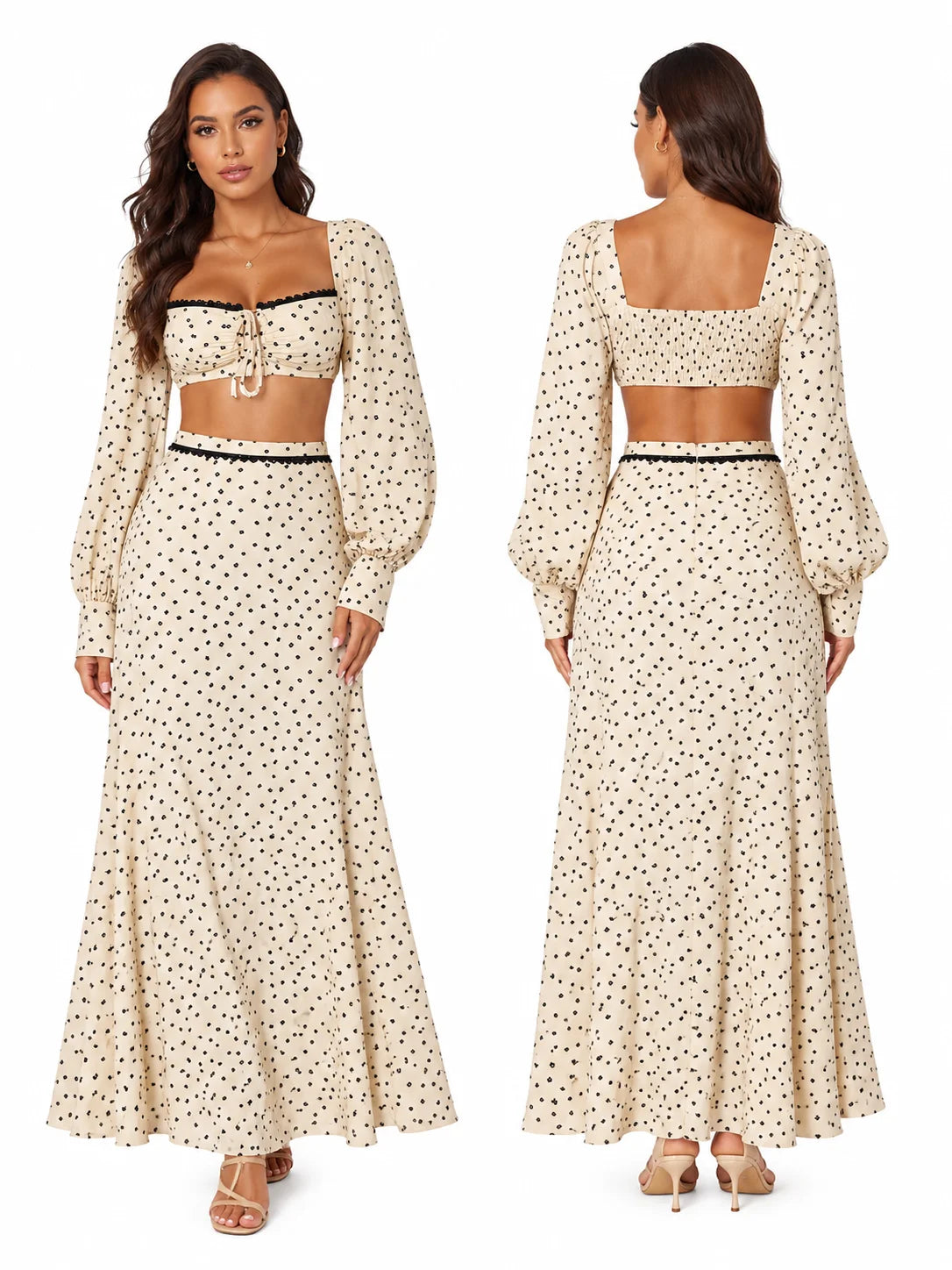 Women 2 Piece Boho Matching Sets, Integrated Puff Long Sleeve Cutout Back Tie‑Front Crop Top & High Waist Flowy Polka Dot Maxi Skirt, Summer Beach Vacation Co‑Ord Outfits