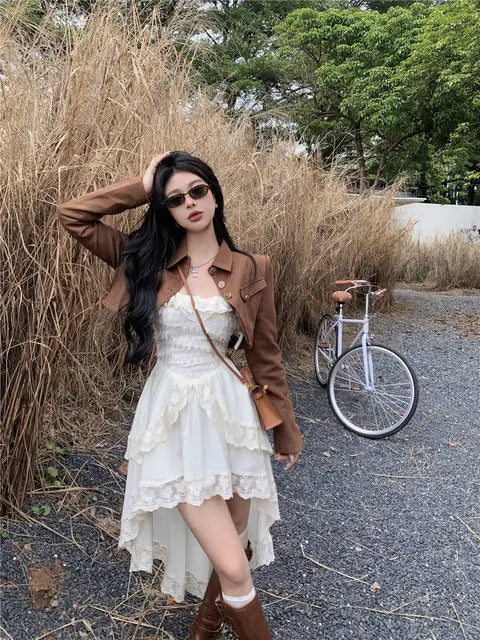 White Dresses For Women Fashion Sexy Sling Roe Femme 2025 Vestidos De Mujer Patchwork Lace Ruffles Irregular Sweet Dress