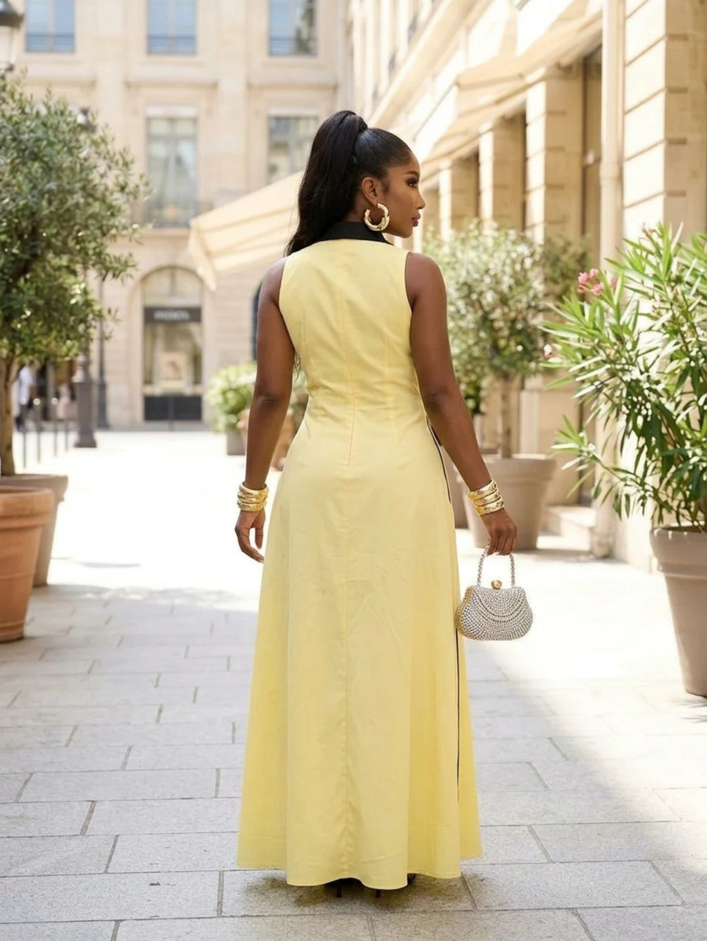 Button Detail Turn-Down Collar Maxi Dress