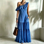 Diagonal Neck A-Line Maxi Dress