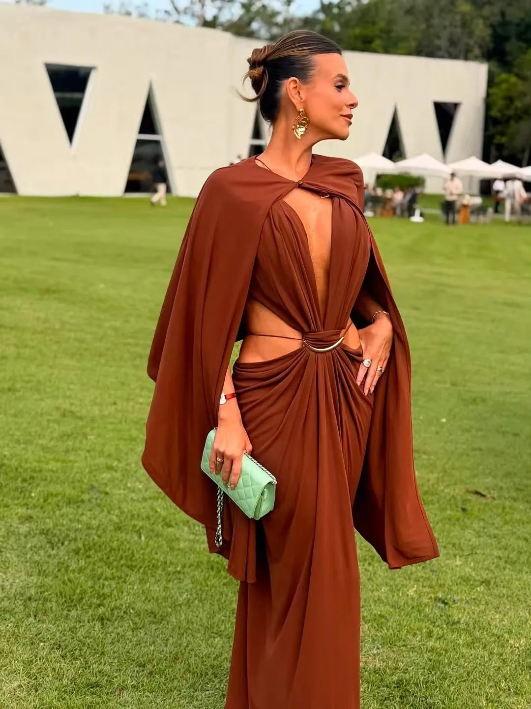 Women Halter Long Dress Deep V Neck Cutout Backless Evening Party Dress Metal Ring Twist Waist Bodycon Club Night Out Dresses