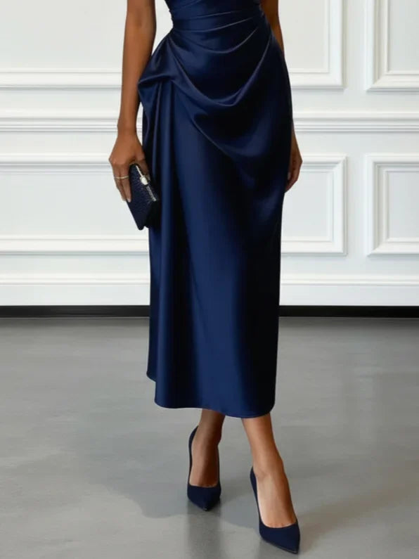 Elegant One Shoulder Satin Ruched Midi Dress for Formal Evening Cocktail Party