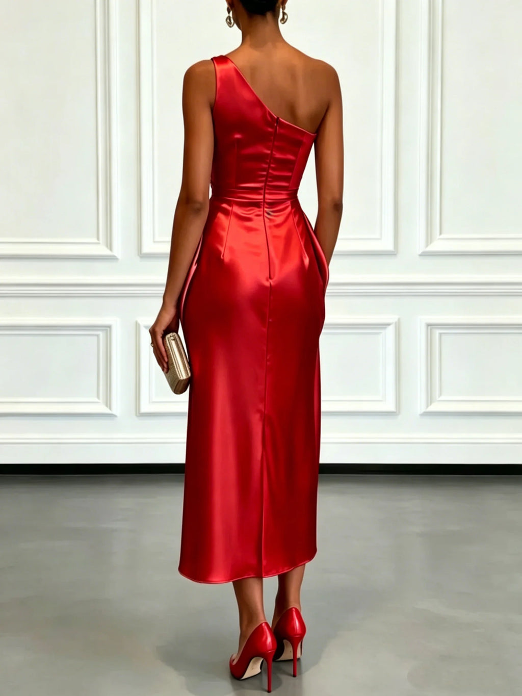 Elegant One Shoulder Satin Ruched Midi Dress for Formal Evening Cocktail Party