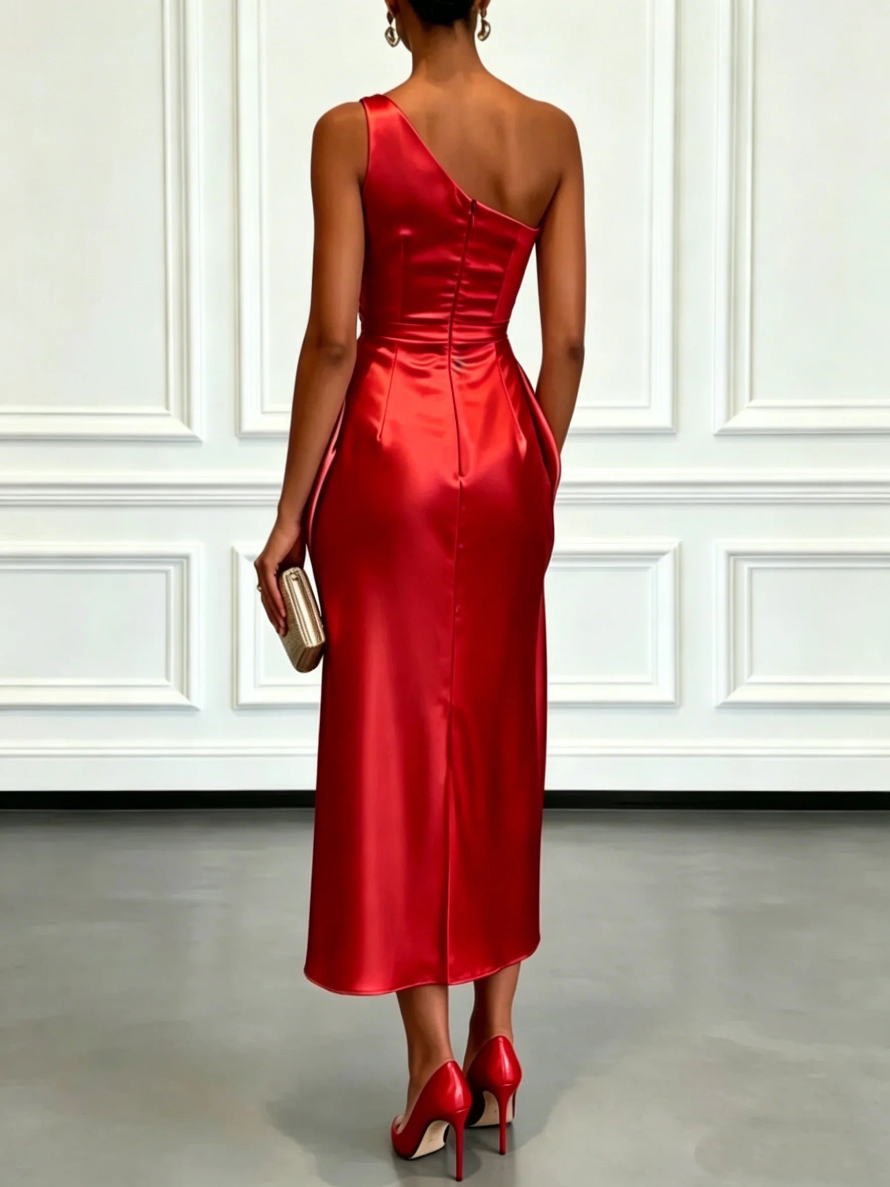 Elegant One Shoulder Satin Ruched Midi Dress for Formal Evening Cocktail Party