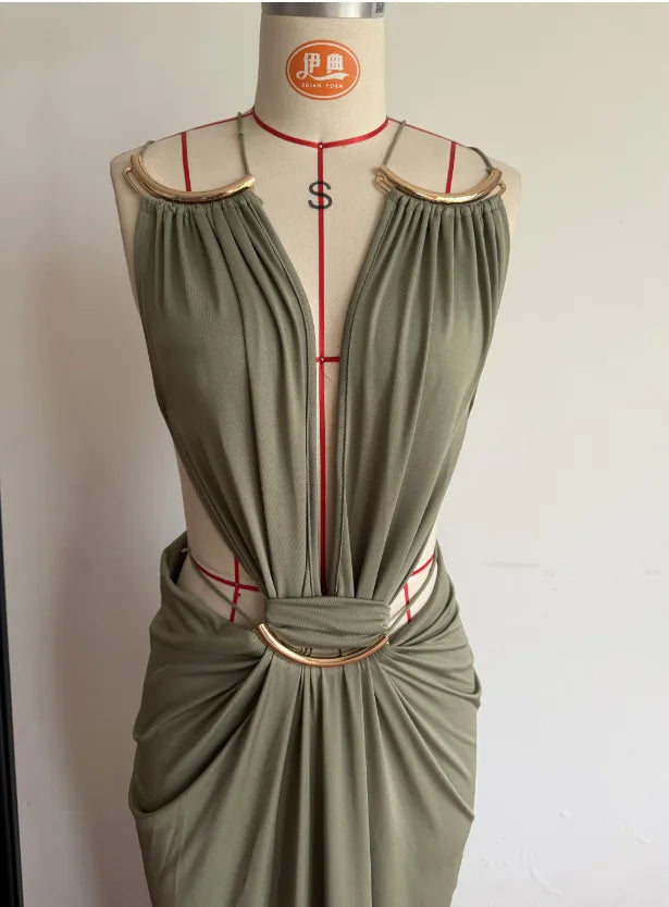 Women Halter Long Dress Deep V Neck Cutout Backless Evening Party Dress Metal Ring Twist Waist Bodycon Club Night Out Dresses