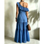 Diagonal Neck A-Line Maxi Dress