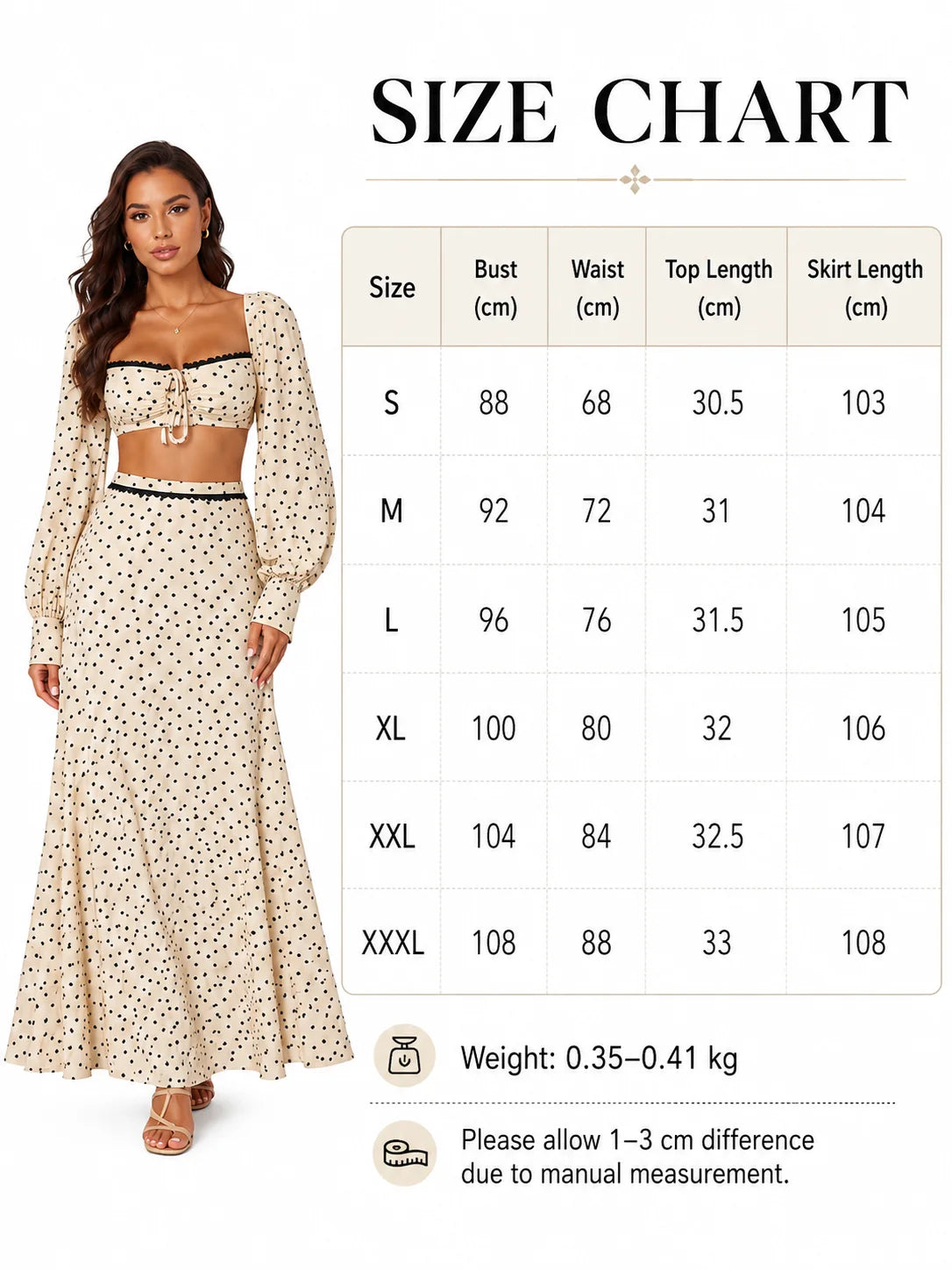 Women 2 Piece Boho Matching Sets, Integrated Puff Long Sleeve Cutout Back Tie‑Front Crop Top & High Waist Flowy Polka Dot Maxi Skirt, Summer Beach Vacation Co‑Ord Outfits