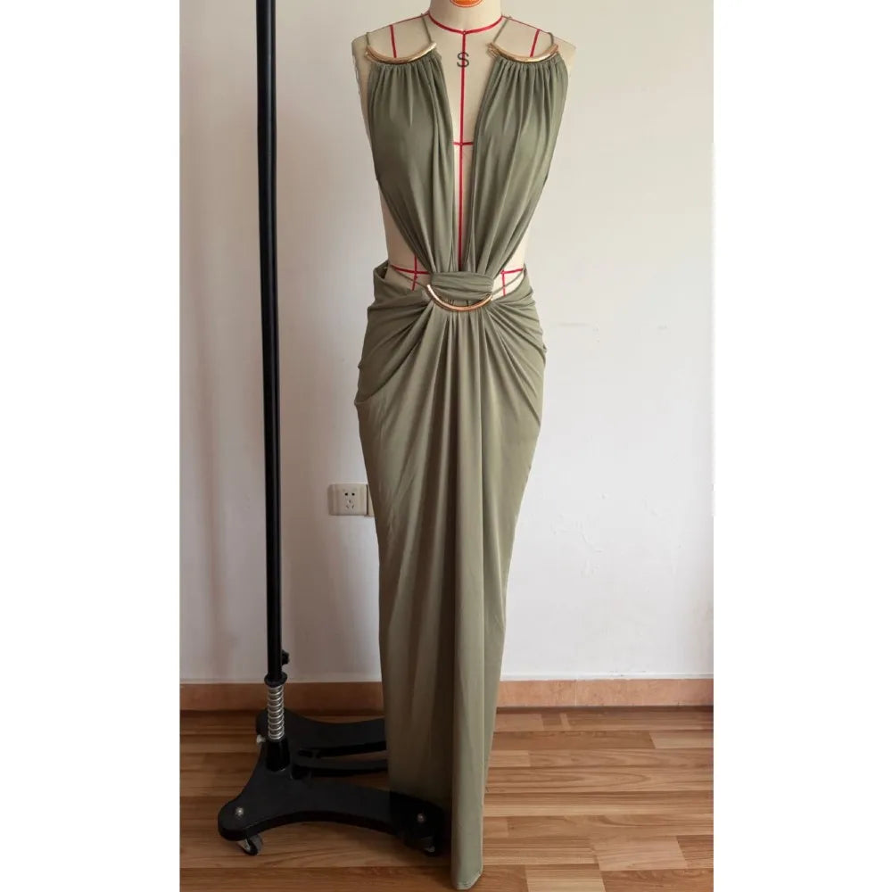 Women Halter Long Dress Deep V Neck Cutout Backless Evening Party Dress Metal Ring Twist Waist Bodycon Club Night Out Dresses