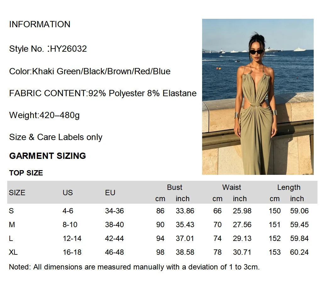 Women Halter Long Dress Deep V Neck Cutout Backless Evening Party Dress Metal Ring Twist Waist Bodycon Club Night Out Dresses