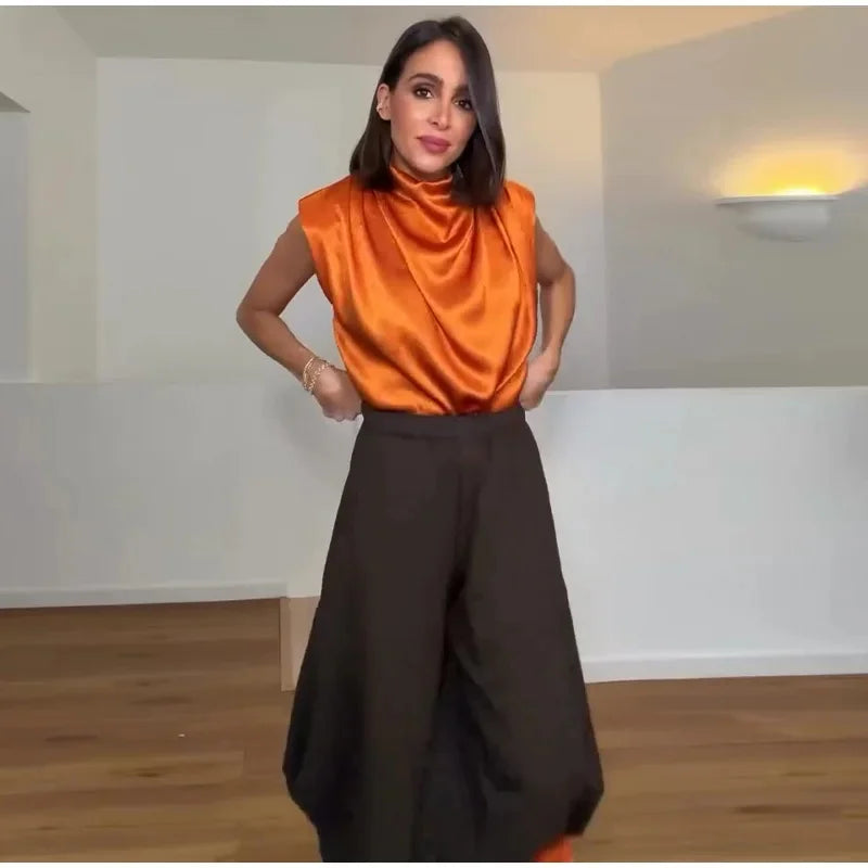 Women's Top 2026 Spring New Style Orange Sleeveless Satin Texture Long Ribbon Top Elegant and Stylish Unique Fashion Focus