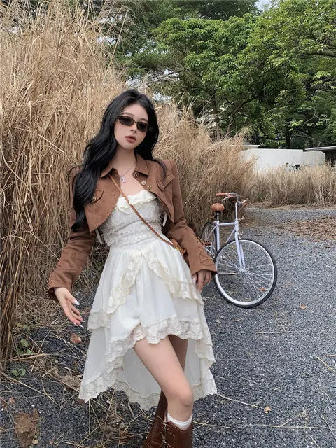 White Dresses For Women Fashion Sexy Sling Roe Femme 2025 Vestidos De Mujer Patchwork Lace Ruffles Irregular Sweet Dress