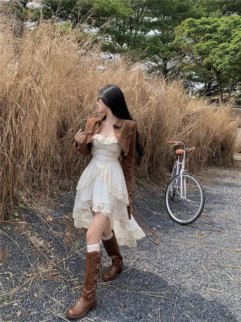 White Dresses For Women Fashion Sexy Sling Roe Femme 2025 Vestidos De Mujer Patchwork Lace Ruffles Irregular Sweet Dress
