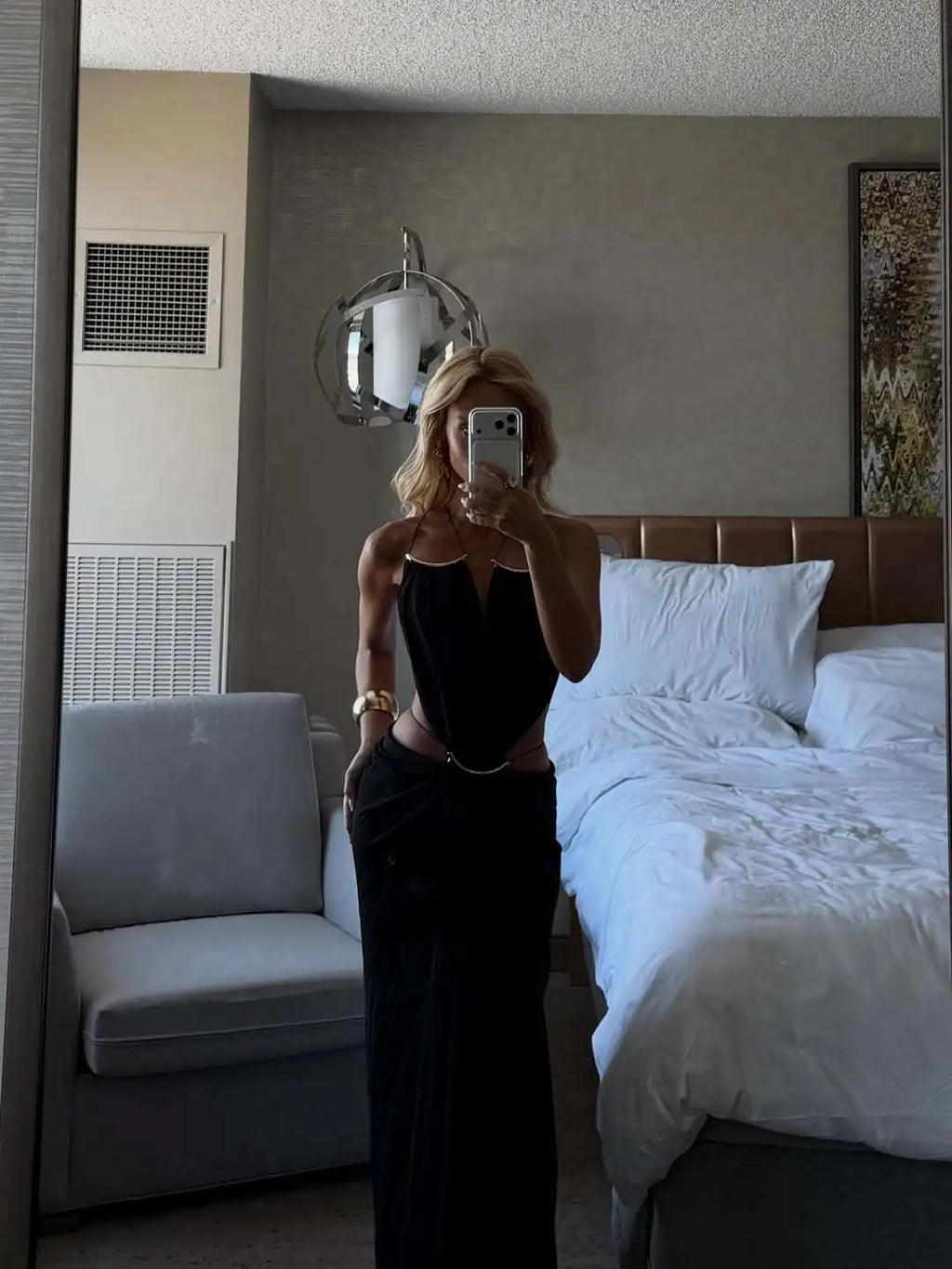 Women Halter Long Dress Deep V Neck Cutout Backless Evening Party Dress Metal Ring Twist Waist Bodycon Club Night Out Dresses