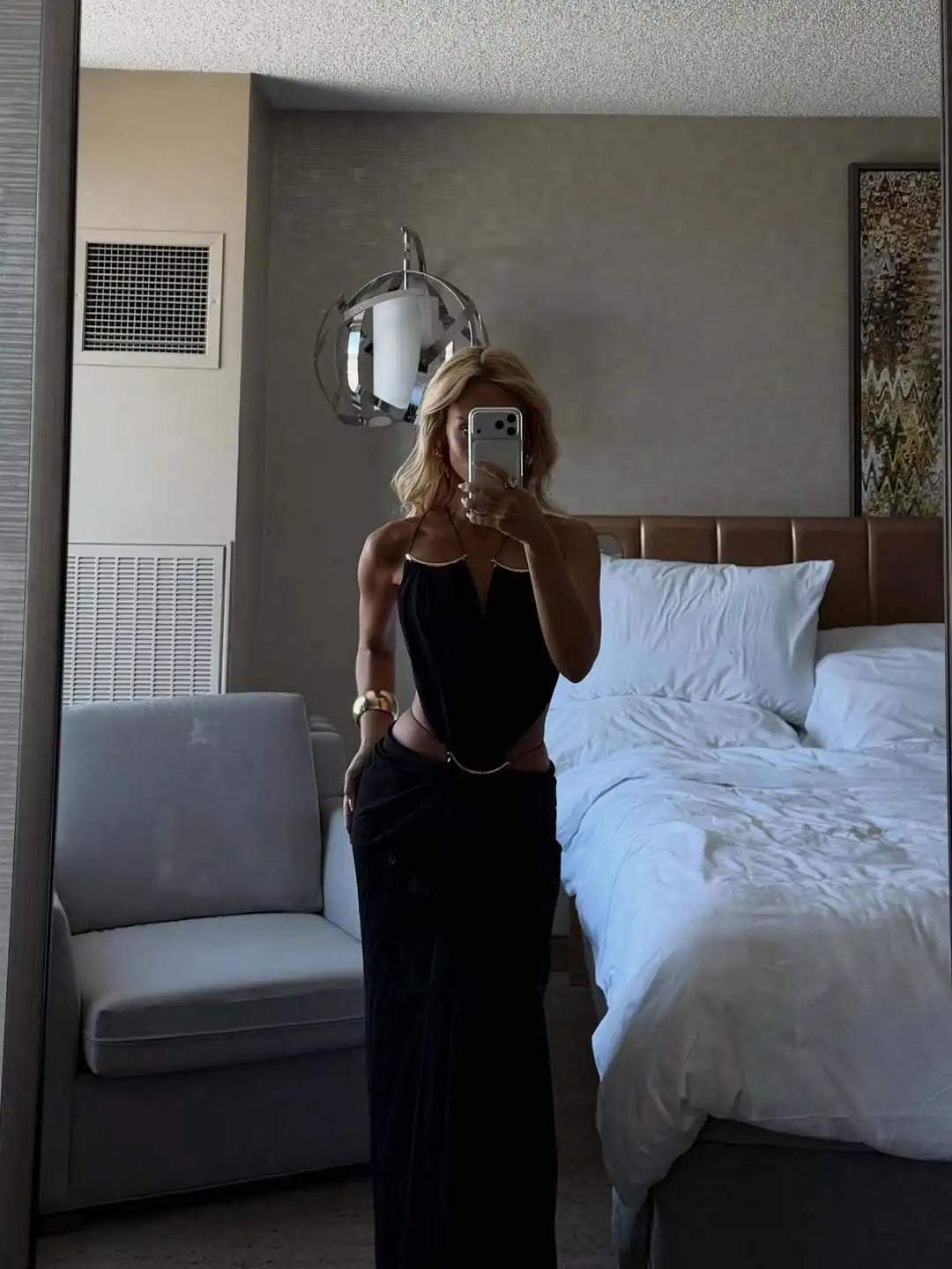 Women Halter Long Dress Deep V Neck Cutout Backless Evening Party Dress Metal Ring Twist Waist Bodycon Club Night Out Dresses
