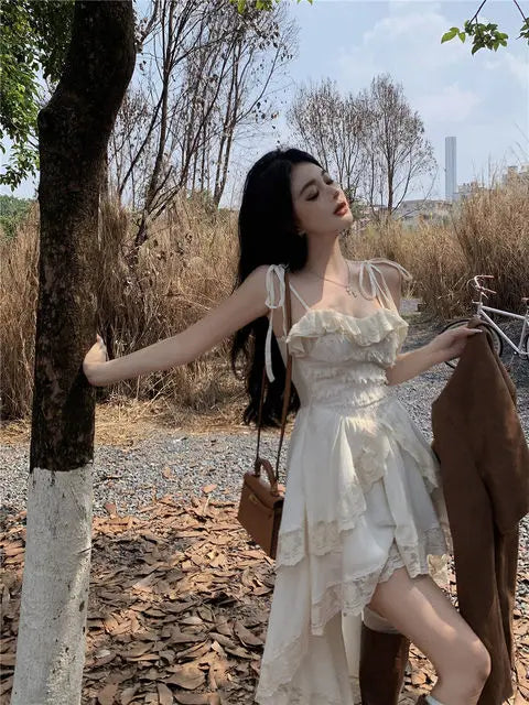White Dresses For Women Fashion Sexy Sling Roe Femme 2025 Vestidos De Mujer Patchwork Lace Ruffles Irregular Sweet Dress
