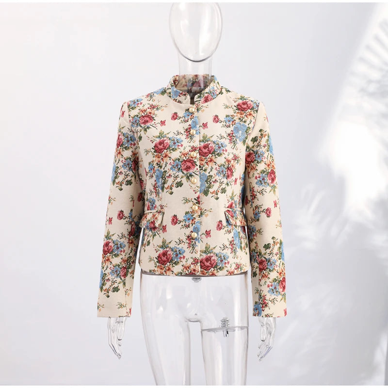 Women Cropped Floral Print Jacket Stand Collar Long Sleeve Button Front Pockets Vintage Loose Short Coat 2026 Autumn Chic Blazer