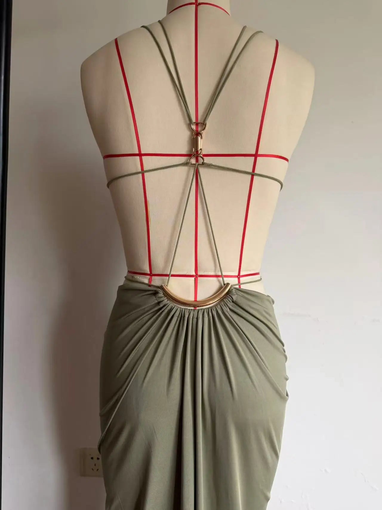 Women Halter Long Dress Deep V Neck Cutout Backless Evening Party Dress Metal Ring Twist Waist Bodycon Club Night Out Dresses