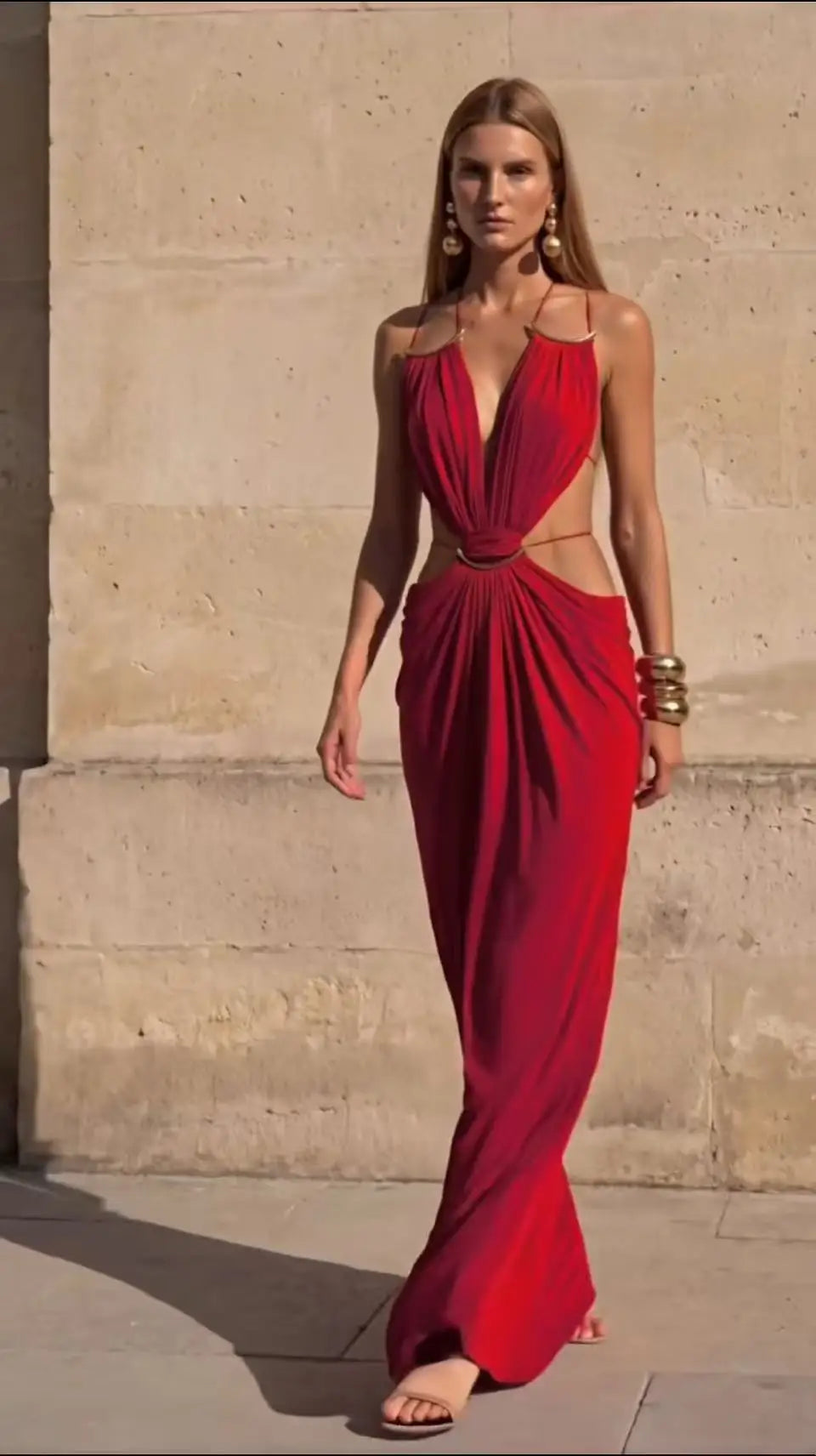 Women Halter Long Dress Deep V Neck Cutout Backless Evening Party Dress Metal Ring Twist Waist Bodycon Club Night Out Dresses