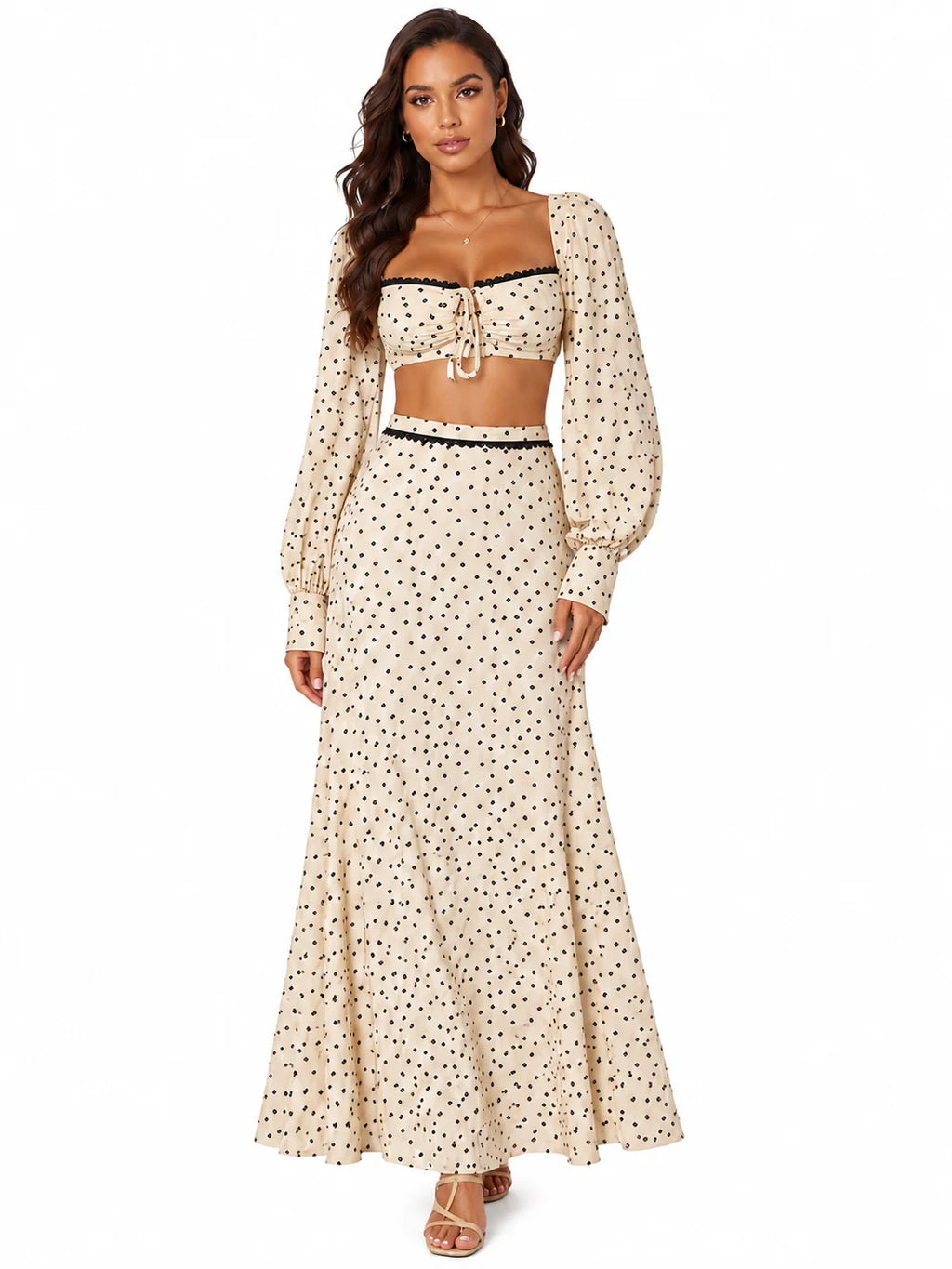 Women 2 Piece Boho Matching Sets, Integrated Puff Long Sleeve Cutout Back Tie‑Front Crop Top & High Waist Flowy Polka Dot Maxi Skirt, Summer Beach Vacation Co‑Ord Outfits