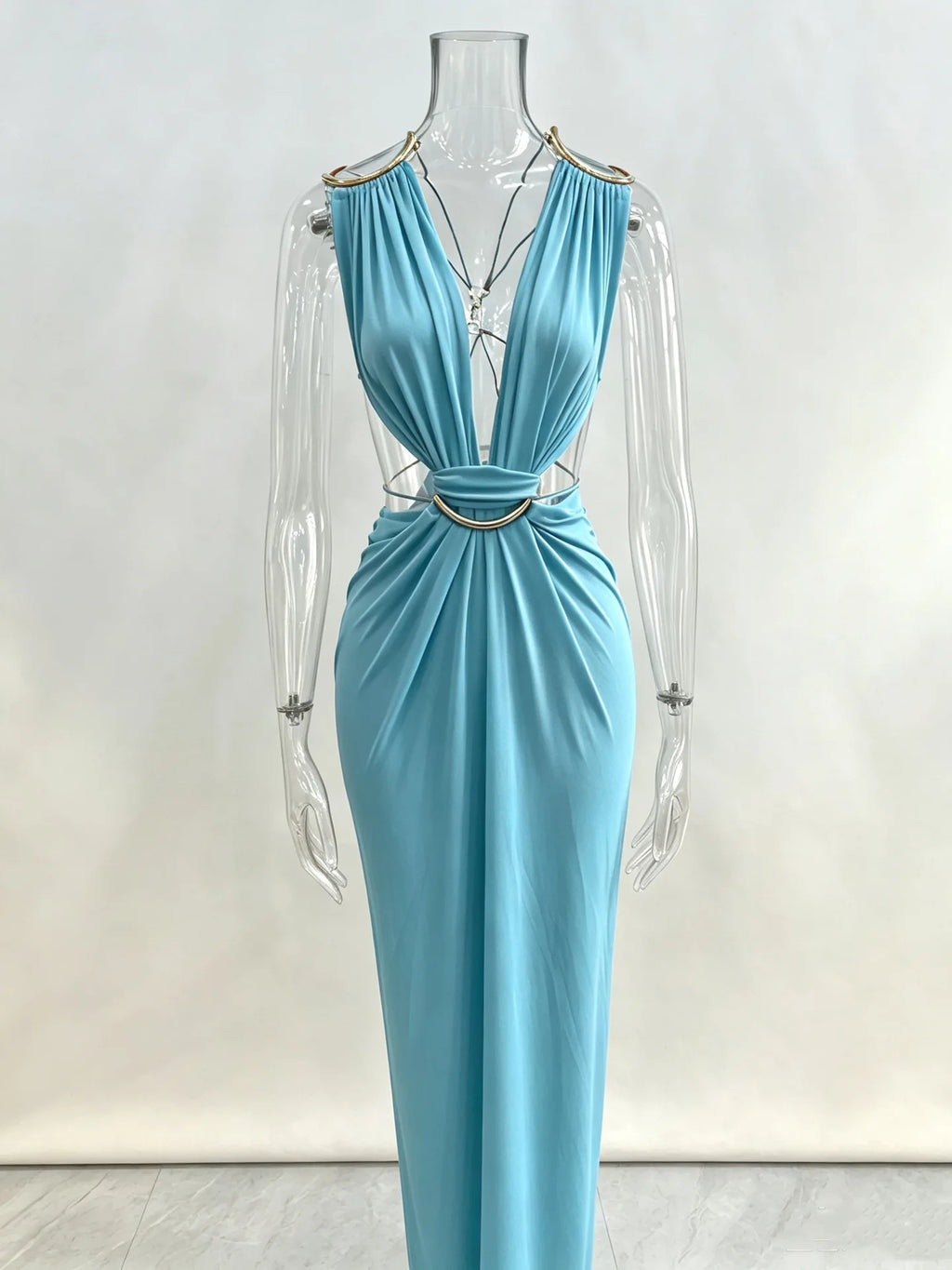 Women Halter Long Dress Deep V Neck Cutout Backless Evening Party Dress Metal Ring Twist Waist Bodycon Club Night Out Dresses