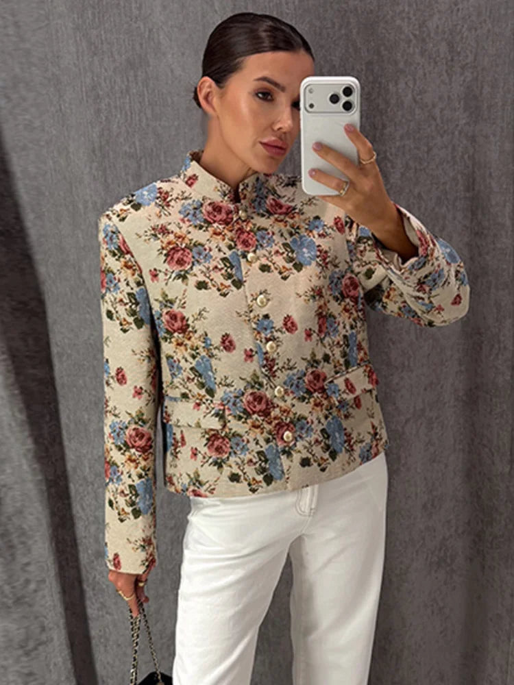 Women Cropped Floral Print Jacket Stand Collar Long Sleeve Button Front Pockets Vintage Loose Short Coat 2026 Autumn Chic Blazer
