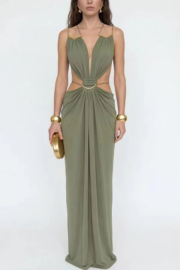 Women Halter Long Dress Deep V Neck Cutout Backless Evening Party Dress Metal Ring Twist Waist Bodycon Club Night Out Dresses