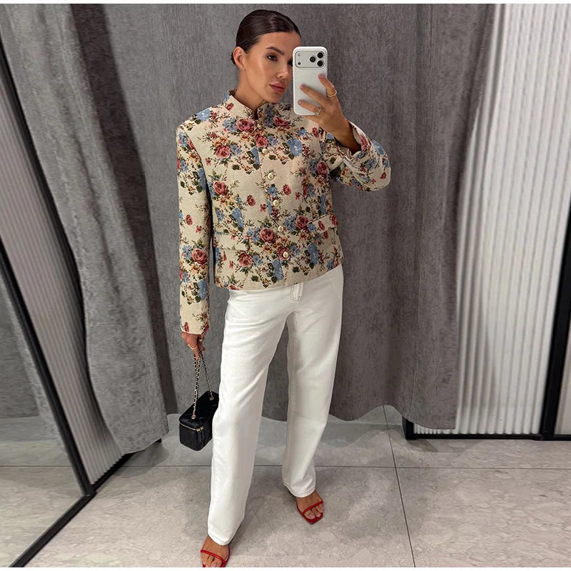 Women Cropped Floral Print Jacket Stand Collar Long Sleeve Button Front Pockets Vintage Loose Short Coat 2026 Autumn Chic Blazer