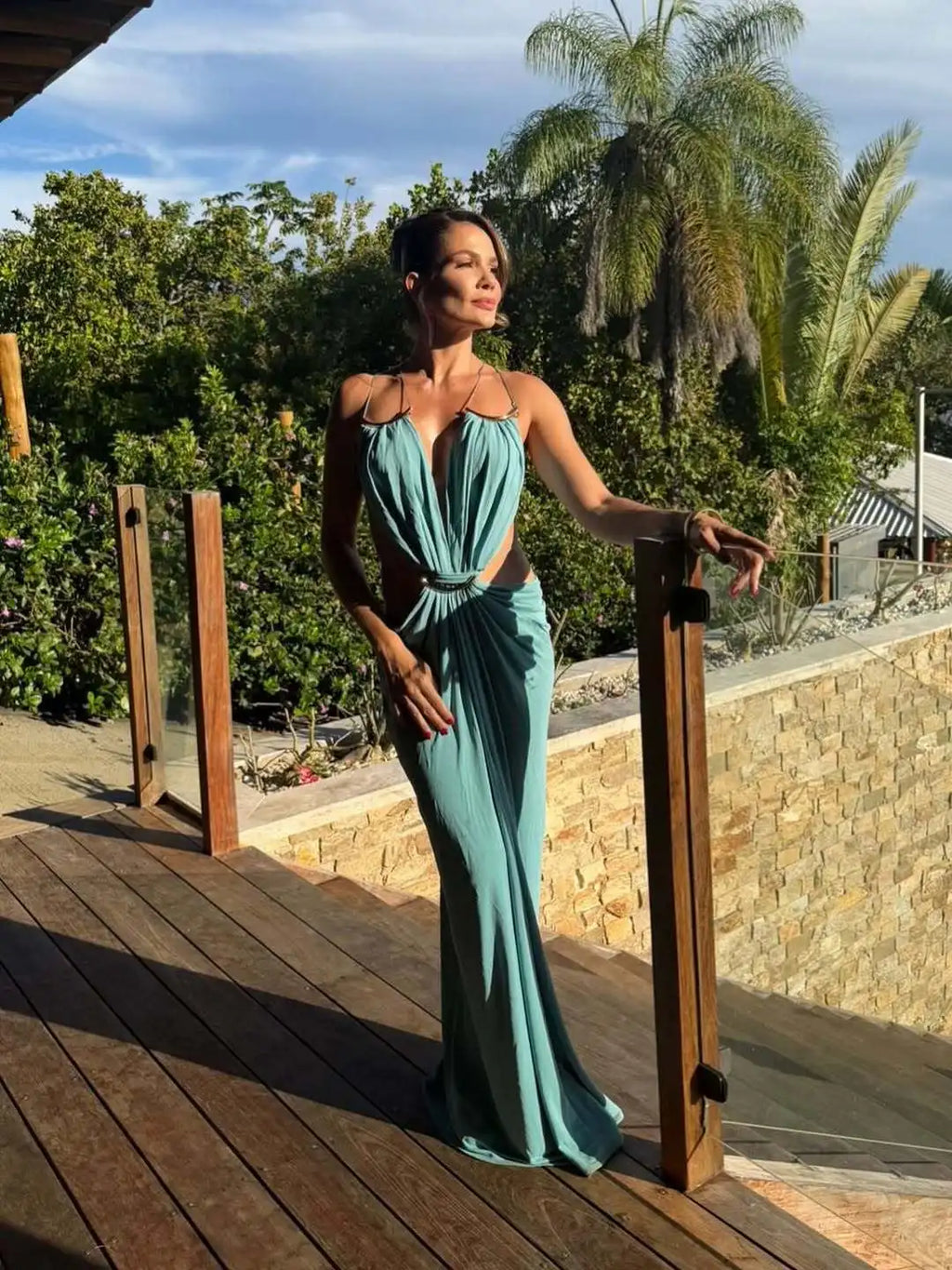 Women Halter Long Dress Deep V Neck Cutout Backless Evening Party Dress Metal Ring Twist Waist Bodycon Club Night Out Dresses