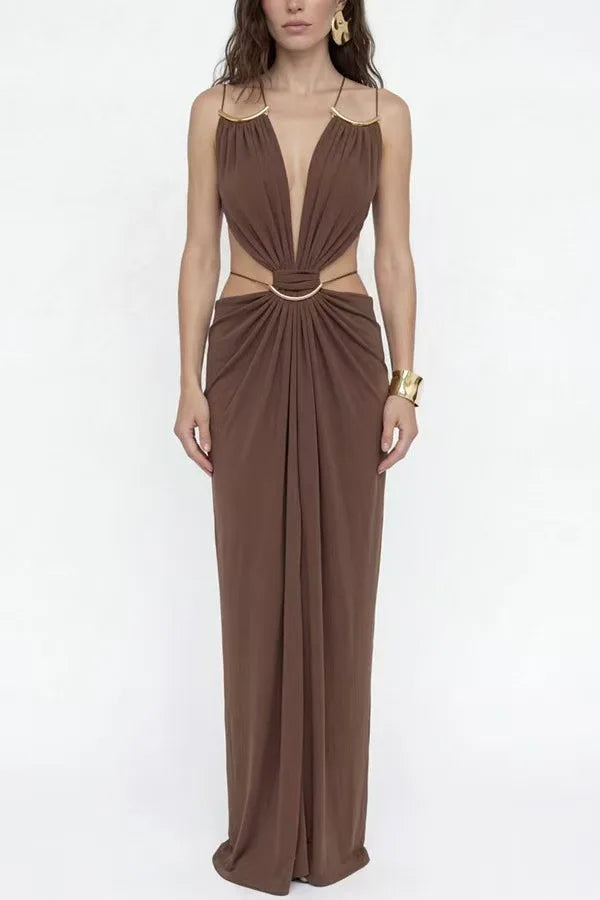 Women Halter Long Dress Deep V Neck Cutout Backless Evening Party Dress Metal Ring Twist Waist Bodycon Club Night Out Dresses
