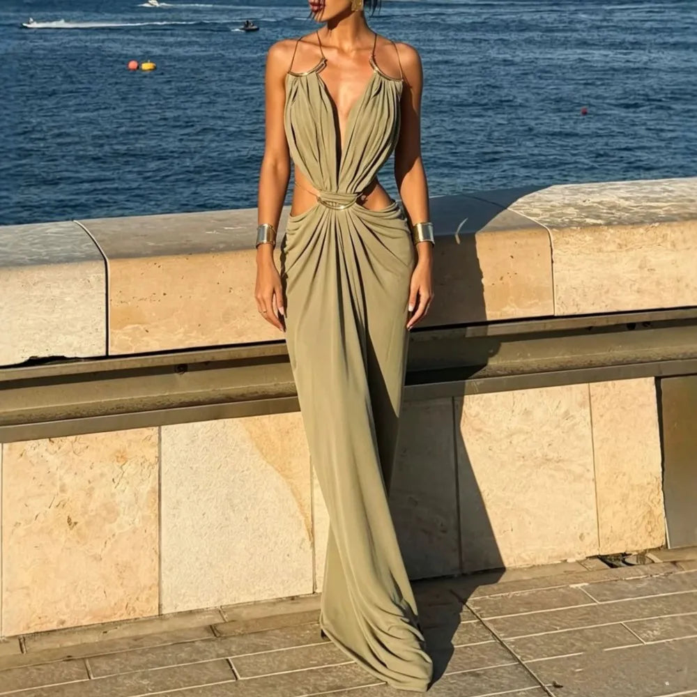 Women Halter Long Dress Deep V Neck Cutout Backless Evening Party Dress Metal Ring Twist Waist Bodycon Club Night Out Dresses