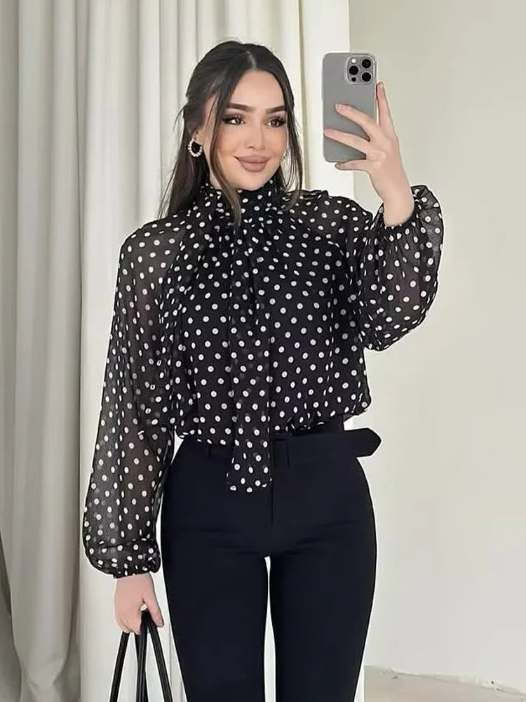 Polka Dot Tiered V-Neck Blouse