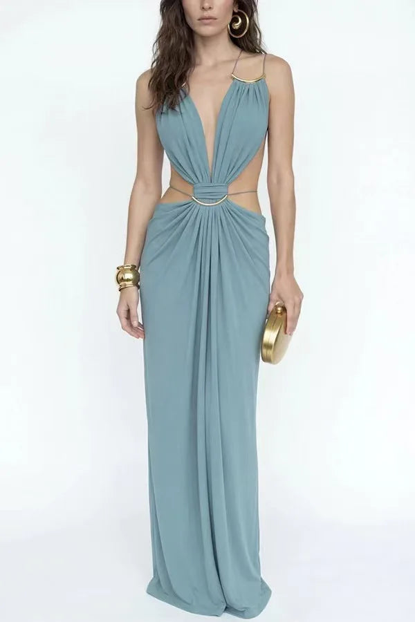 Women Halter Long Dress Deep V Neck Cutout Backless Evening Party Dress Metal Ring Twist Waist Bodycon Club Night Out Dresses