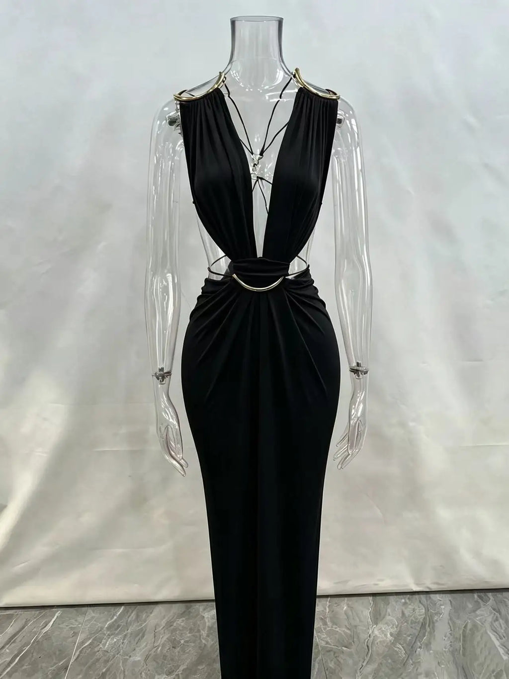 Women Halter Long Dress Deep V Neck Cutout Backless Evening Party Dress Metal Ring Twist Waist Bodycon Club Night Out Dresses