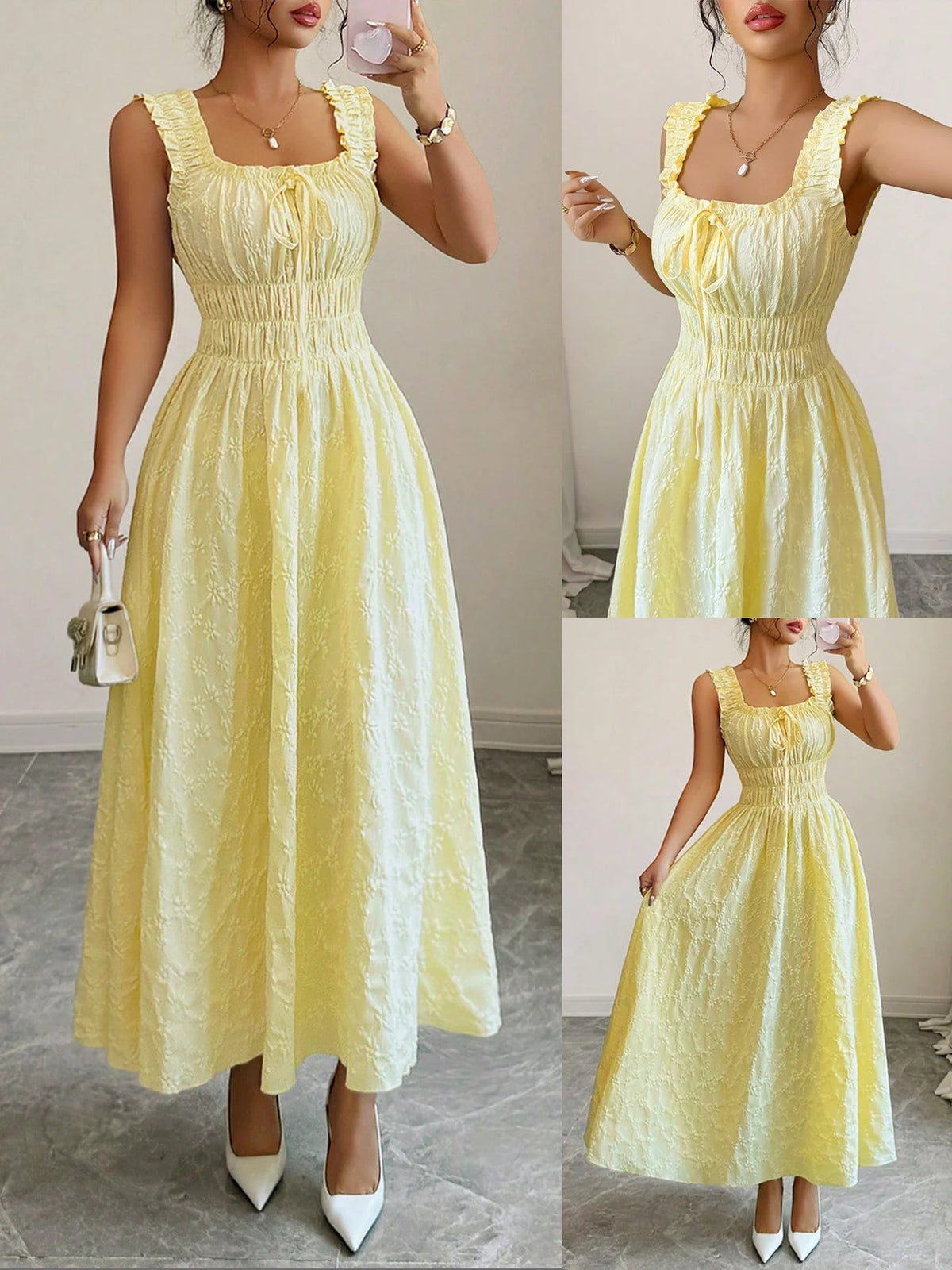 Square Neck Tie-Front Ruffle Maxi Dress