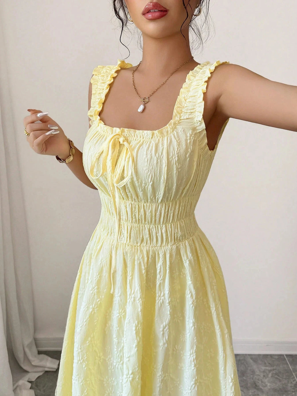 Square Neck Tie-Front Ruffle Maxi Dress