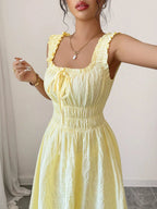 Square Neck Tie-Front Ruffle Maxi Dress