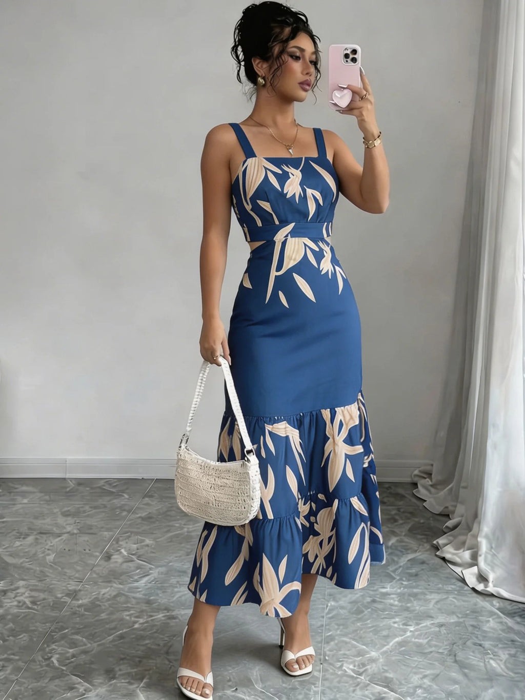 Printed Ruffle A-Line Midi Dress