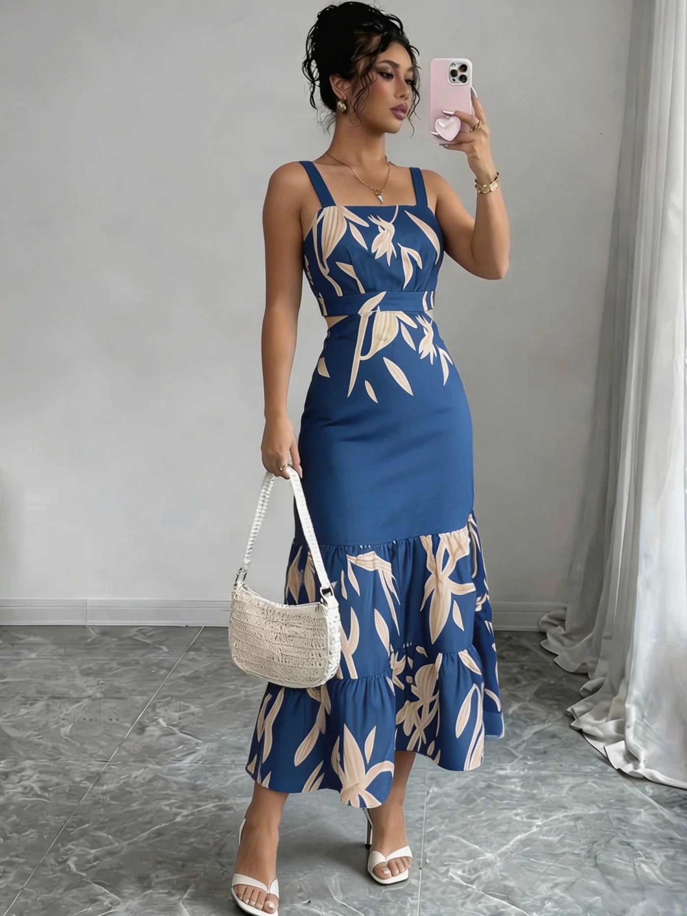 Printed Ruffle A-Line Midi Dress