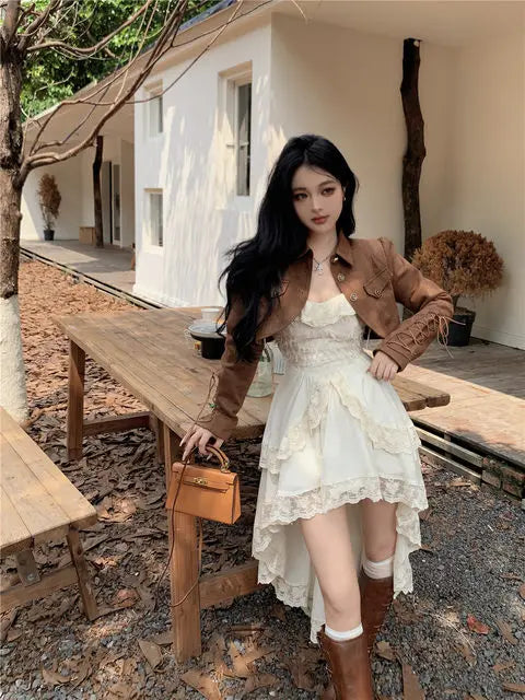 White Dresses For Women Fashion Sexy Sling Roe Femme 2025 Vestidos De Mujer Patchwork Lace Ruffles Irregular Sweet Dress
