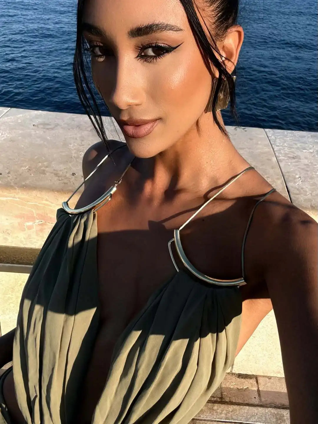 Women Halter Long Dress Deep V Neck Cutout Backless Evening Party Dress Metal Ring Twist Waist Bodycon Club Night Out Dresses