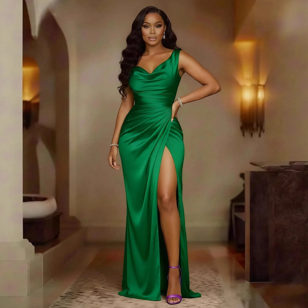 2026 Summer New Women Solid Color Bodycon Dress V Neck Sleeveless Split Hem Elegant Party Banquet Evening Formal Dress