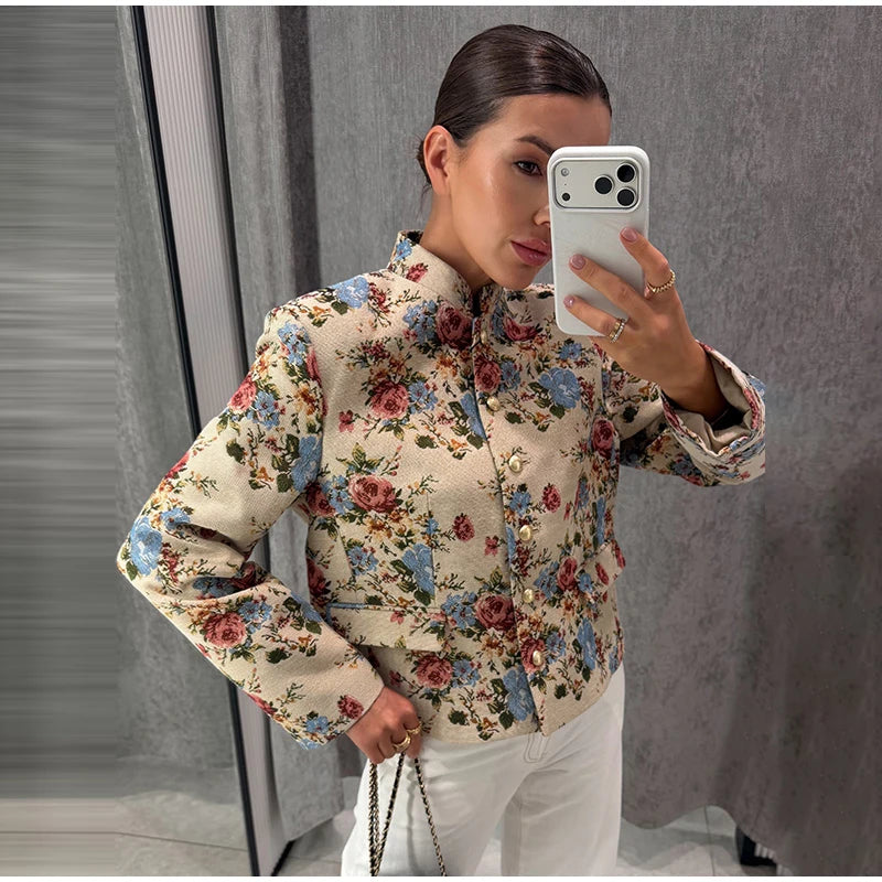 Women Cropped Floral Print Jacket Stand Collar Long Sleeve Button Front Pockets Vintage Loose Short Coat 2026 Autumn Chic Blazer