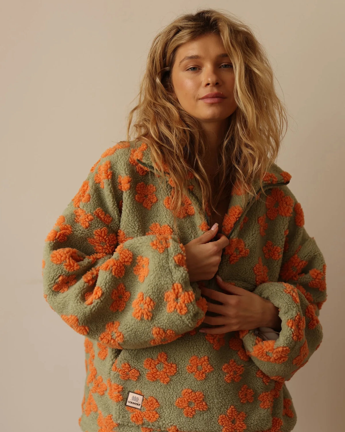 Floral Zip-Detail Fleece Pullover