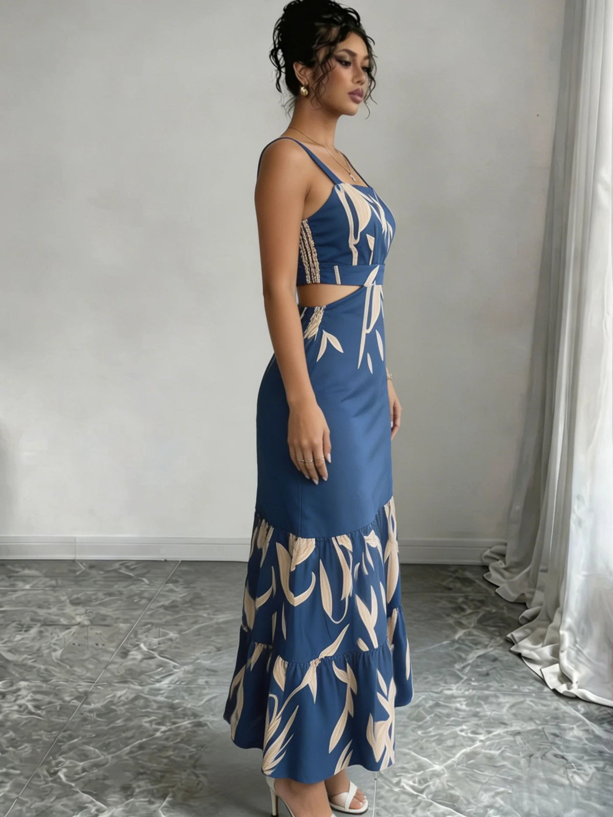Printed Ruffle A-Line Midi Dress