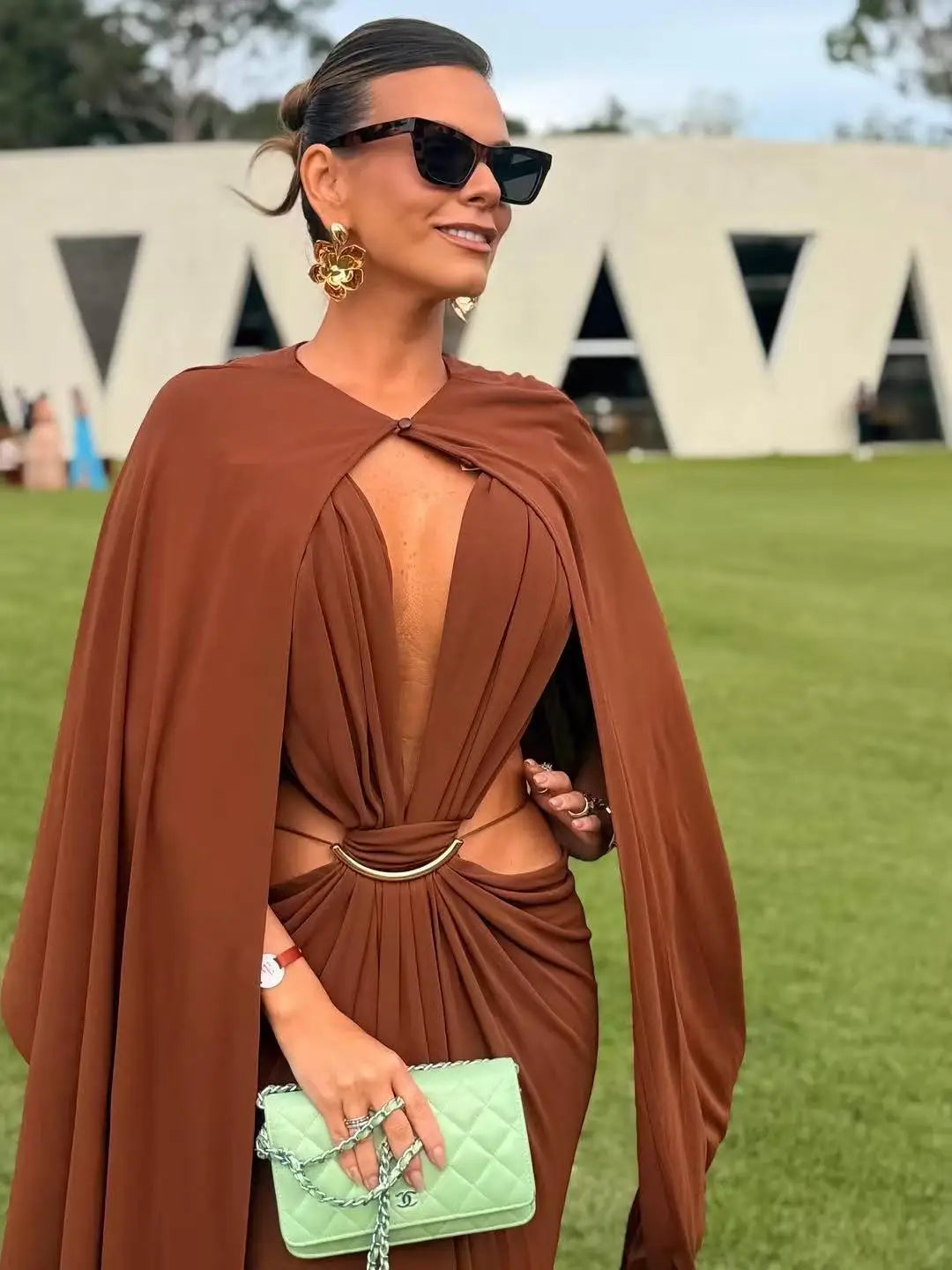 Women Halter Long Dress Deep V Neck Cutout Backless Evening Party Dress Metal Ring Twist Waist Bodycon Club Night Out Dresses