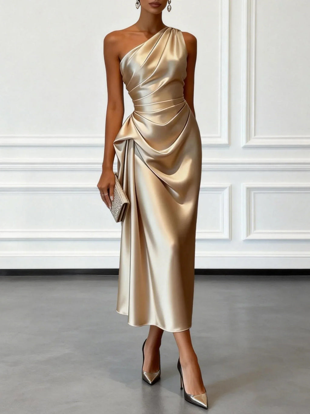 Elegant One Shoulder Satin Ruched Midi Dress for Formal Evening Cocktail Party