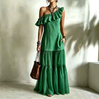 Diagonal Neck A-Line Maxi Dress
